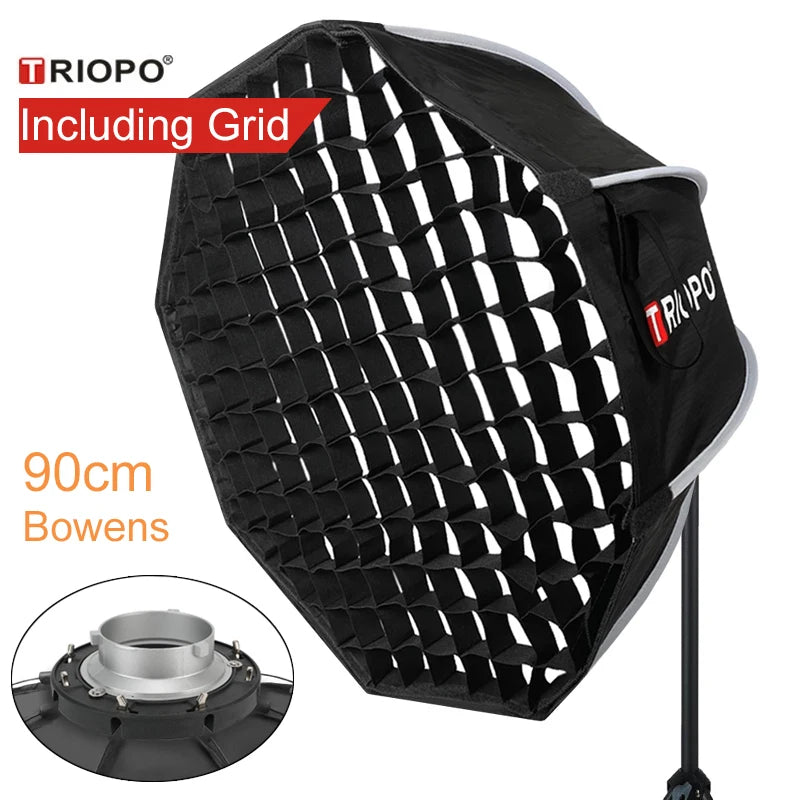 TRIOPO K90 – Softbox com Grelha e Montagem Bowens para luz contínua e Flash TRIOPO K90 – Softbox com Grelha e Montagem Bowens para luz contínua e Flash